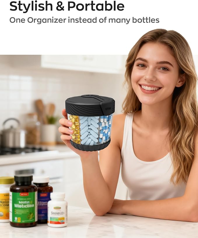 Large Pill Dispenser, Portable Pill Bottle Organizer for 7 Vitamins, Anti-Mix Supplement Organizer with Easy Twist Wide Opening, BPA-Free Pill Container, 20 Pcs Labels Included, Black