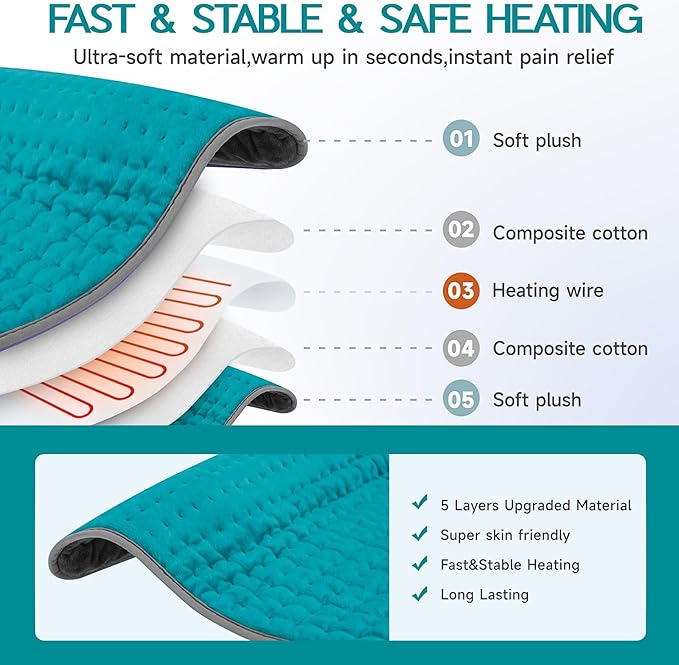 Heating Pad for Period Cramps, Heating Pad for Back/Neck/Shoulder Muscle Pain, 6 Heating & 4 Timer Setting, Auto Shut Off, Moist Heat & Machine Washable, Birthday Christmas Gifts for Women Mom, Cyan