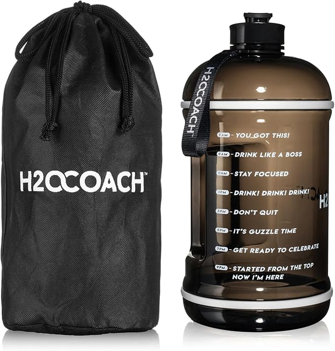 H2OCOACH 1 Gallon Hydration Jug with Time Marker & Measurements, BPA-Free Tritan Sports Drink Container, Motivational Daily Intake Tracker for Gym, Workout, & Fitness Routines (128 oz, Black)