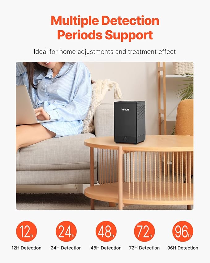 VEVOR Home Radon Detector, 2Bq to 20kBq/m³, HD Color Screen for Real-time Display, Short-Term & Long-Term Monitoring, Portable with LCD Screen, Multiple Detection Periods Support, Battery Powered