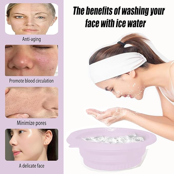 Face Ice Bath Bowl Mold With Built-In Icetray, Portable Foldable Silicone Dipping Water Facial Cold Immersion Therapy Plunge Ice Bowl for Face Ice Bath Holder for Home And Travel (Purple)