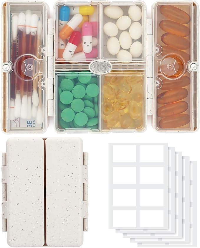 Zentiky Small Daily Pill Organizer with Labels, Medicine Pill Organizer Fit with Your Purse or Pocket for Travel to Hold Vitamin, Fish Oil, Supplement,Cotton Swabs, Bandages or Jewelry-Beige