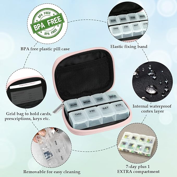 Serfeymi Weekly Travel Pill Organizer Pill Case for Purse with Removable 7 Day Pill Box, Fashionable Travel Medicine Organizer Pill Container for Medicine, Vitamin, Supplement - Bloom 03 + Pill Box