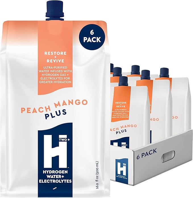 HTWO Plus Molecular Hydrogen Water with Electrolytes, Peach Mango Flavor, Sugar Free Hydration Packets, 16.9oz 6 Pack, Energy Sports Drink, Performance & Recovery Support, Alternative to Hydrogenated Tablet - no Prep/Mess, 15 ppm