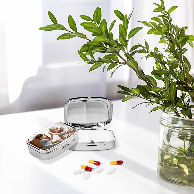 Custom 2 Compartment Pill Box, Personalize It to Add Any of Your Text and Images, Portable Pill Box Storage for Travel, Pocket Or Purse Pill Box Decorative Metal Medication Vitamin Organizer