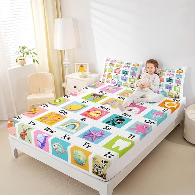Feelyou Kids ABC Chart Bedding Set Twin Size, Educational Bed Sheet Set Boys Girls Preschool Fitted Sheet Learning Teens Bedroom Decor Bed Set 2Pcs (No Flat Sheet)