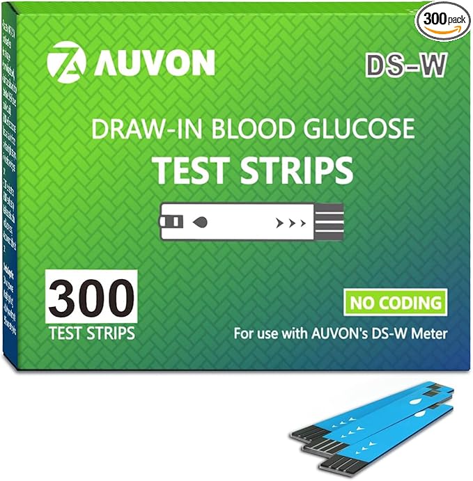 AUVON DS-W Draw-in Blood Glucose Test Strips for use with AUVON DS-W Diabetes Sugar Testing Meter (No Coding Required, 300 Count)