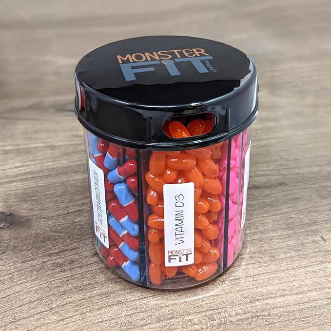 Monster & Monster Jr Supplement Medication Pill Dispensers 2 Pack with Labels, Extra Large and Small Pill Container Bottles Handle Almost Any Supplement, Easy to Dispense (Monster & Monster Jr.)