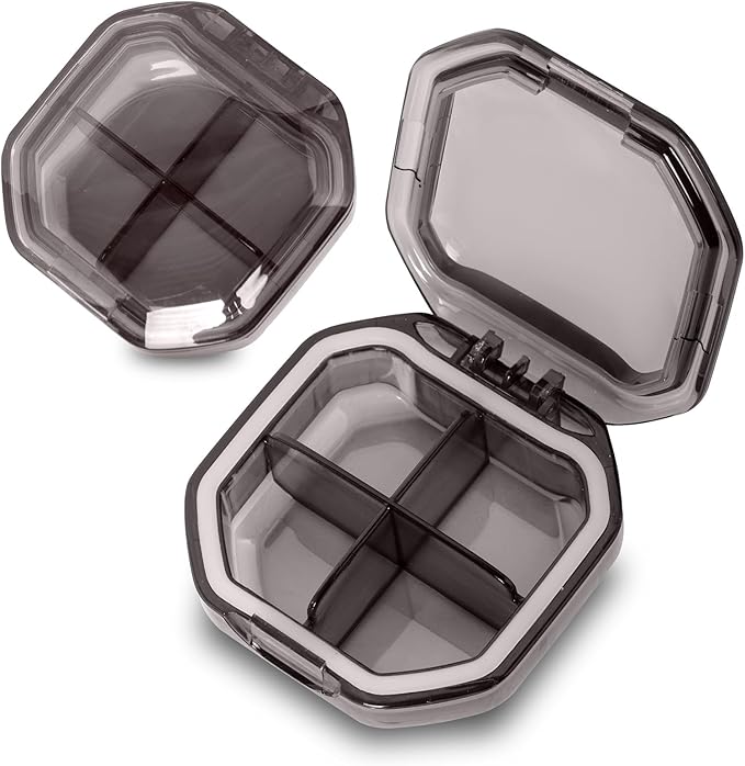 Daily Pill Organizer, 2 Pack 4 Compartments Small Pill Box Portable Pill Case, Travel Pill Organizer for Purse Pocket to Hold Vitamins, Cod Liver Oil, Supplements and Medication (Grey+Grey)