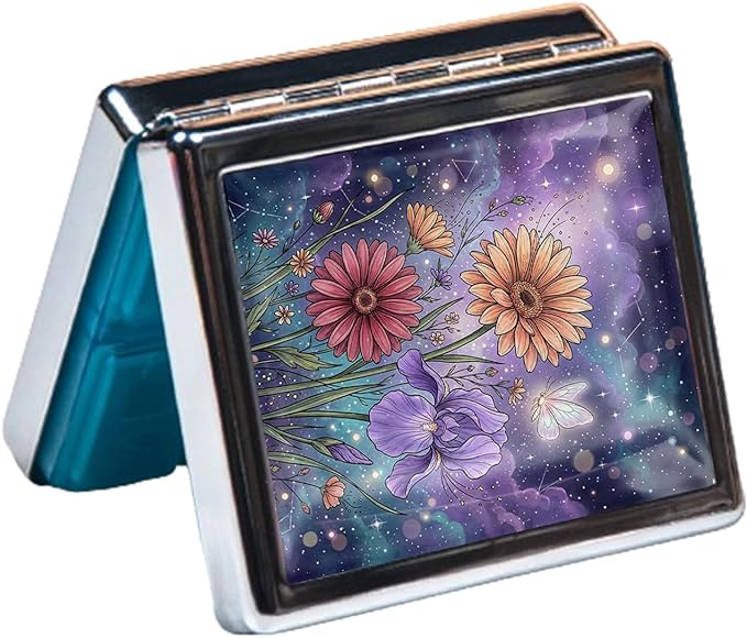 Metal 7 Day Pill Organizer, Cute Small Weekly Pill Case with 8 Compartments for Travel, Moisture-Proof Medicine Holder for Purse, Compact Daily Vitamin Box (Celestial Garden)