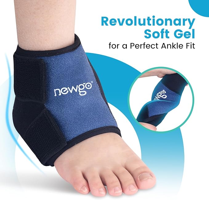 NEWGO Ankle Ice Pack Wrap Upgraded Gel Ice Pack for Ankle Pain Relief with 2 Hours Long Lasting Cold Retention for Athletes, Chronic Pain Sufferers, Flexible Fit, Leakproof & Reusable