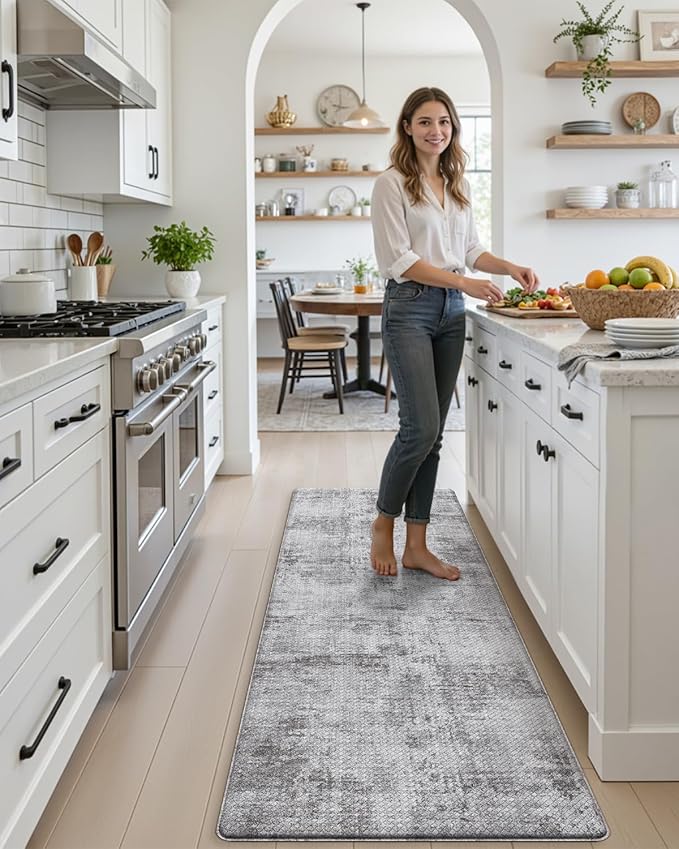 DEXI Kitchen Mats Cushioned Anti Fatigue, 23x86 Floor Padded Runner Rug Non Slip, Waterproof Standing Comfort Memory Foam for Front Sink Laundry, Dark Grey