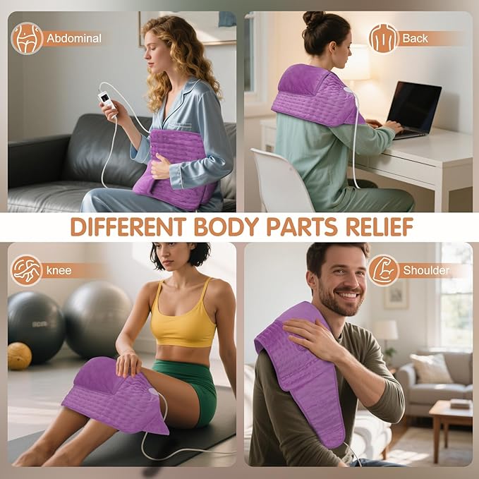 Heating Pad Back Pain Relief Electric Heating Pad for Period Cramps Lower Back Neck Shoulders Pain Relief 6-Hour Auto Off 12x24 Heated Pad + 20" Belt 4 Timer 6 Heat Level Wrap (Lilac)