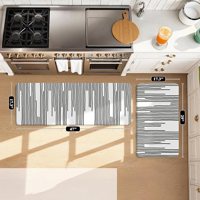 KIMODE Anti Fatigue Mats for Kitchen Floor 17"x47"+17"x29", Farmhouse Kitchen Rugs Sets of 2, Cushioned Kitchen Floor Mat Non Skid, Memory Foam Kitchen Mat for Laundry Office Sink Desk Black Lines