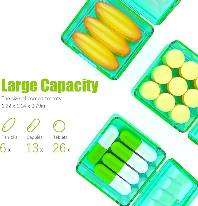 Monthly Pill Organizer Once a Day - 30 Day Pill Organizer Box - Easy to Open - Large Compartments Portable Case for Travel, Month Pill Cases Medicine Organizer for Vitamin (Green)
