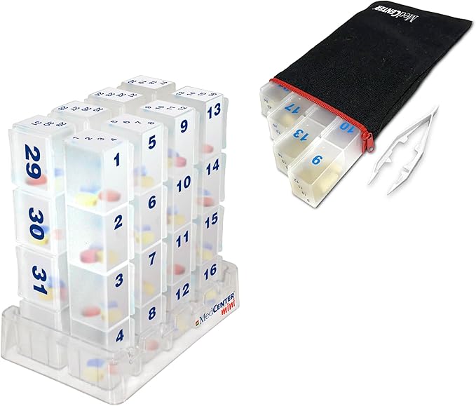 MedCenter Monthly Pill Organizer HSA/FSA – 31-Day Pill System with Daily Numbered Boxes, Travel Canvas Pouch & Bonus Tweezers – Easy, Organized, and Simple Medication Management