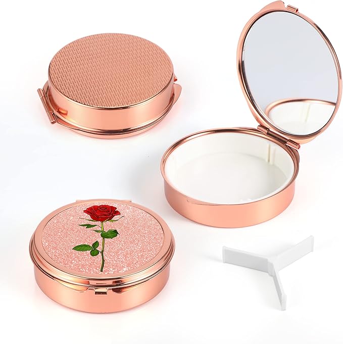 Dynippy Pill Case Pill Box with Mirror Pocket 3 Compartment Medicine Case Vitamin Pill Organizer for Pocket Purse and Travel (Round, Rose Gold-Rose)