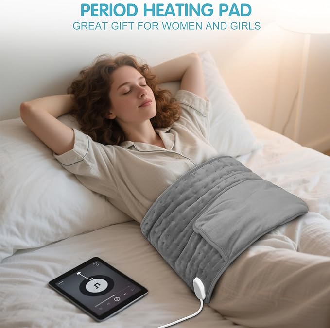 Heating Pad Back Pain Relief Electric Heating Pad for Period Cramps Lower Back Neck Shoulders Pain Relief 6-Hour Auto Off 12x24 Heated Pad + 20" Belt 4 Timer 6 Heat Level Wrap (Gray)