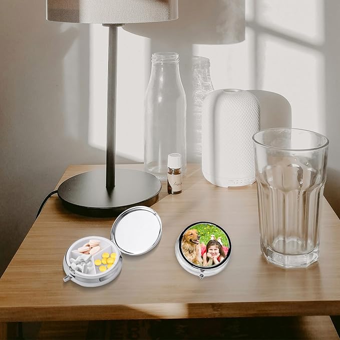 Custom Pill Box Organizer Travel With Photo,Logo,Text Personalized Metal Medicine Pill Case Waterproof Tablet Vitamin Holder Organizer for Purse Pocket Travel Gifts with Mirror&Key Rings 3 Compartment