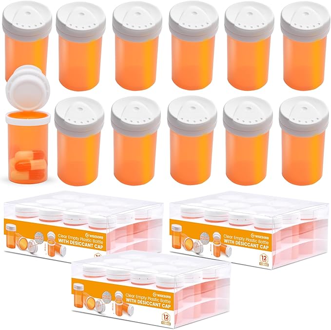 Pill Bottle with Desiccant Cap, Medicine Bottle, Pill Bottles Empty with Caps, Empty Pill Bottles (6 Dram, 36 Pack)