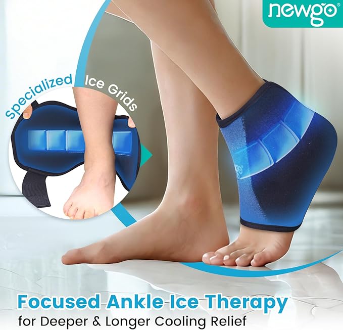 NEWGO Ankle Ice Pack Wrap Upgraded Gel Ice Pack for Ankle Pain Relief with 2 Hours Long Lasting Cold Retention for Athletes, Chronic Pain Sufferers, Flexible Fit, Leakproof & Reusable