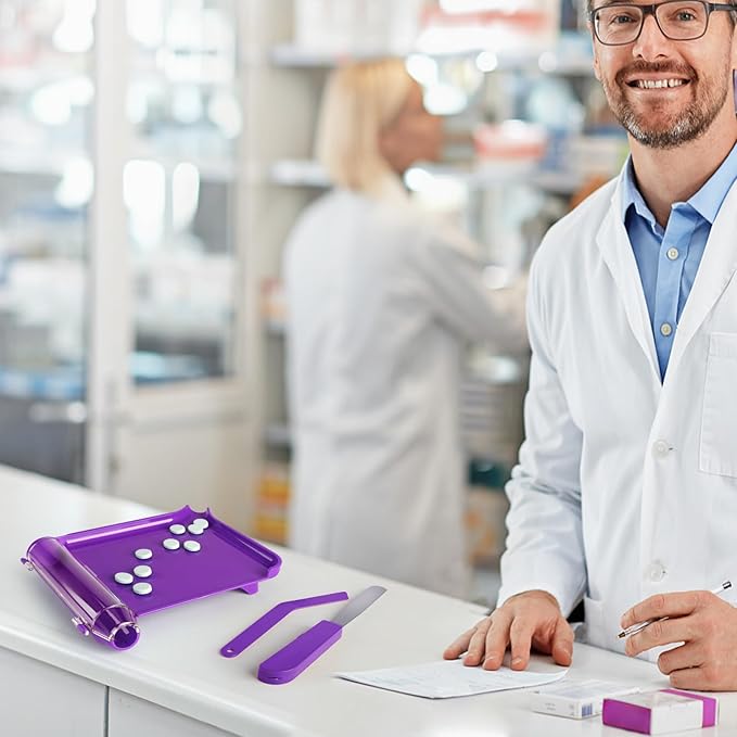 Opret Right Hand Pill Counting Tray with 2 Spatulas, Pill Counter with A Straight Spatula & A L-Spatula for Pharmacy to Count Meds Pills Tablets, Purple
