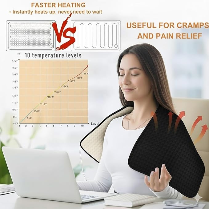 Extra Large Heating Pad for Back Pain Relief and Period Cramps,20x40 King Size, with 10 Temp Settings & 3 Timer Options, Full Body Heating Pad for Shoulder and Legs, Machine Washable(Black)