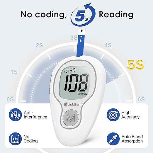 G-425-3 Blood Glucose Monitor Kit, 100 Test Strips, 100 Lancets, 1 Blood Sugar Monitor, 1 Control Solution, 1 Lancing Device, Diabetes Testing Kit, No Coding, Large Display, Glucometer for Home Use