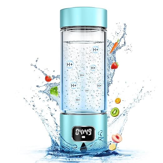 Hydrogen Water Bottle - Portable Rechargeable Water Bottle with LED Timer, Aluminum and Glass, 5000 PPB Hydrogen Production, Gift for Husband Wife Father Friend Client (CyanBlue, 11.6Oz)
