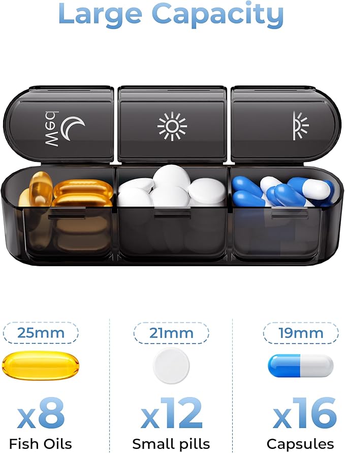 Pill Organizer 3X a Day｜Midnight Black Portable Pill Case｜7-Day Weekly Compartment｜Executive Travel Essential｜BPA-Free Health Companion｜Briefcase Must-Have