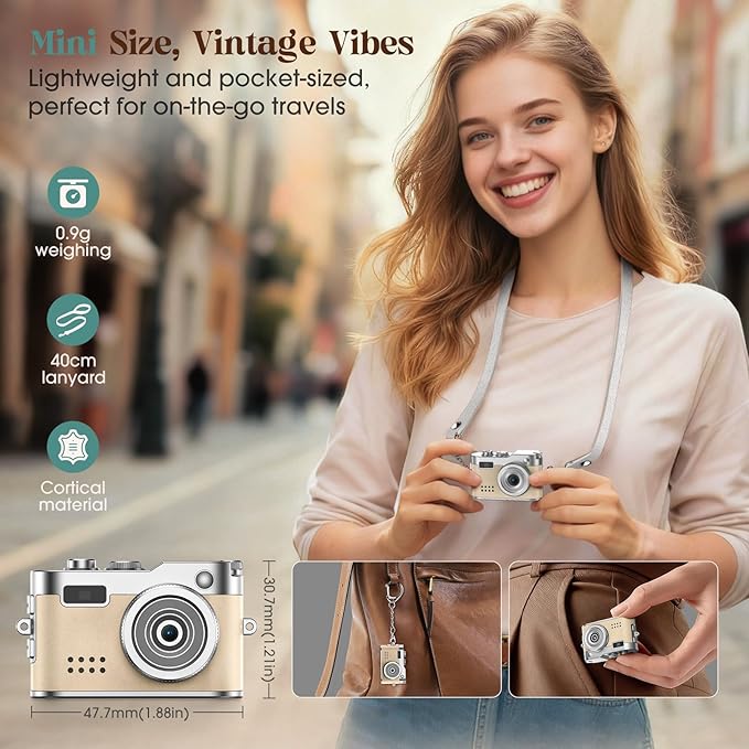 Mini Digital Camera, Keychain Camera 1080P HD with 2MP Lens, Flash, Video Recording, 32G Card Included, Portable and Compact Retro Vlog Camera for Travel, Kids, Beige