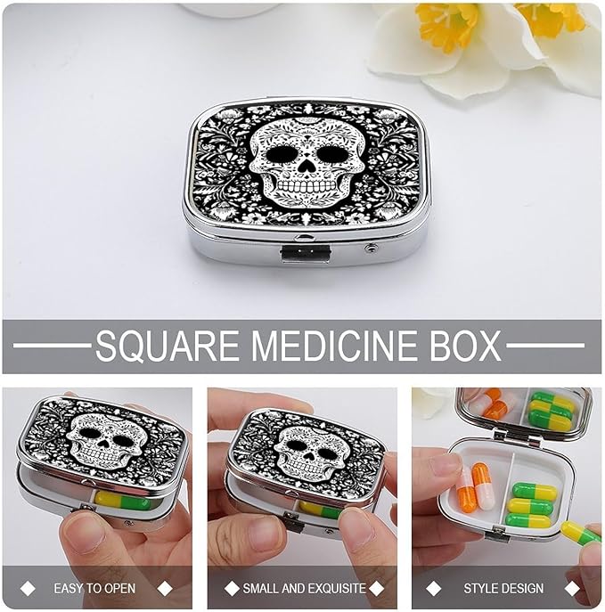 Metal Pill Organizer – 2-Compartment Pocket Pill Box for Vitamins, Supplements, Medications – Compact Travel Case (Day of The Dead Sugar Skull)