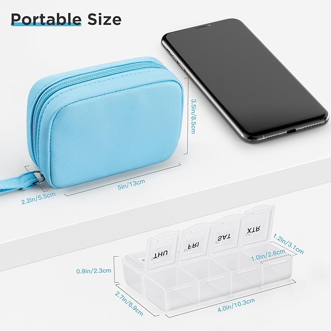Zannaki Cute Pill Organizer for Purse with Two Removable 7-Day Pill Box, Travel PU Leather Pill Case, Portable Weekly Pill Container with Storage Bag to Hold Vitamins, Fish Oils, Supplements (Blue)