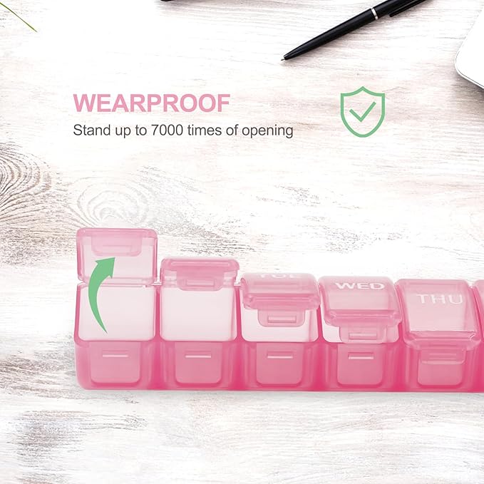2 PCS Large Weekly Pill Organizer, 7 Day Daily Pill Box Case Easy to Open, Silkscreen Printed Medicine Container with Clear Lid for Vitamins, Fish Oils or Supplements (Pink)