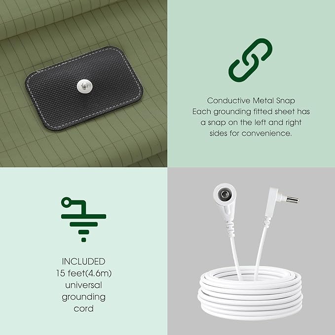 Ivellow Grounding Sheets King 10% Pure Silver Fiber 90% Organic Cotton Sheets King Size 16” Deep Pocket Soft Breathable Grounded Sheet Earth Connected Bedding Fitted Sheet with Grounding Cord Green