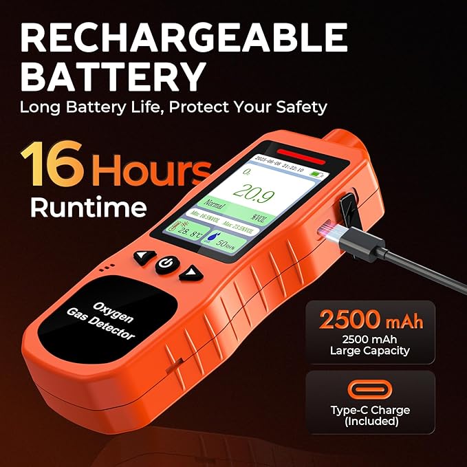 Portable Oxygen Detector, Rechargeable O2 Monitor with Sound, Light, Vibration Alarms, Oxygen Air Quality Meter Measures Temperature & Humidity for Indoor Outdoor Use
