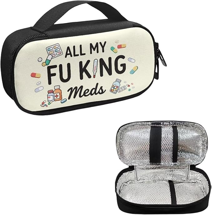 Rnyleeg All My Fuking Meds Diabetic Bag Beige Glucose Meter Case Insulin Bags for Women Diabetic Care for Home Portable Insulin Travel Case with Durable Handle