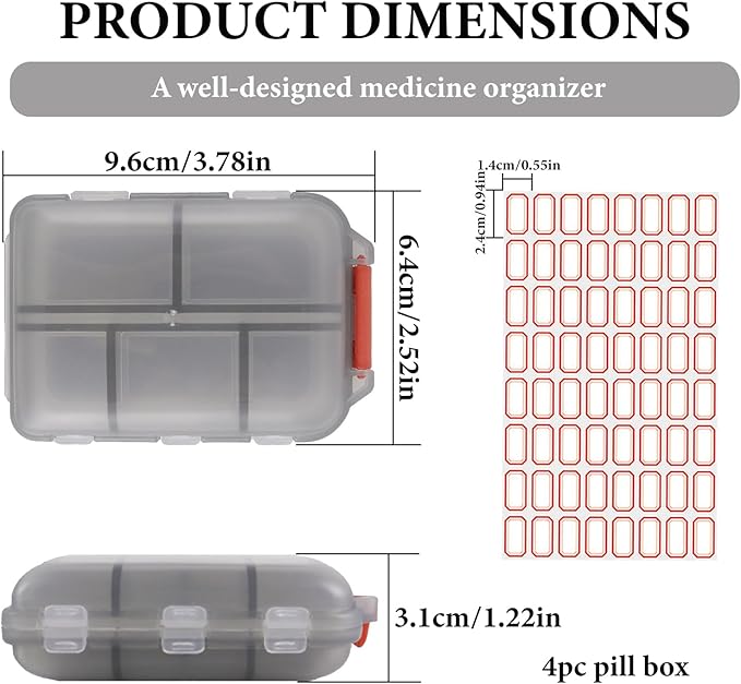 4Pack Travel Pill Organizer - 10 Compartments Pill Case with 64 Stickers, Pill Organizer 2 Times A Day, 20 Days Portable Compartments for Vitamins, Fish Oils, Supplements(Gray)