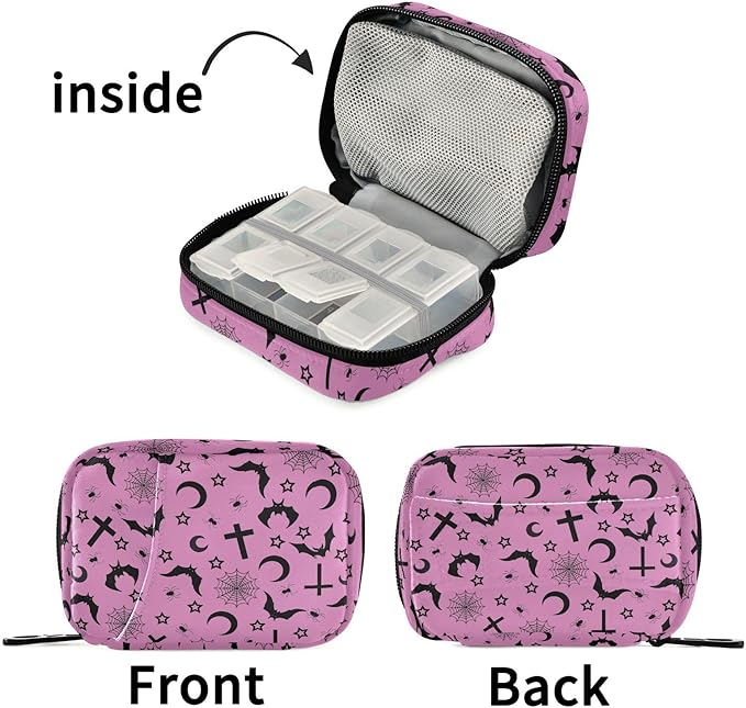 Halloween Bats Crosses Stars Gothic Pill Box 7 Day Pill Case Travel Pill Organizer Bag Container for Medicine with Zipper Portable Weekly Case Compact Size for Medicine, Vitamin, Supplement