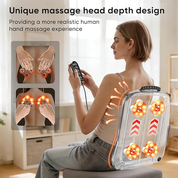 Shiatsu Back Massager with Heat, 4D Deep Tissue Massage for Pain Relief, Portable Rechargeable Electric Back Massager for Chair Home Office Car,Gift-Ready for Men Women