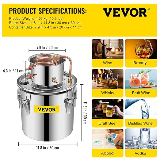 VEVOR Alcohol Still 5Gal/20L Alcohol Distiller Stainless Steel Distillery Kit for Alcohol with Copper Tube Home Brewing Kit Build-in Thermometer for DIY Whisky Wine Brandy