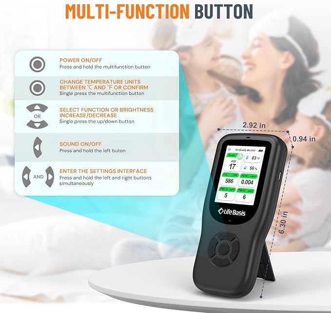 LifeBasis Air Quality Monitor Indoor, 11-in-1 Air Quality Detector with Stand, Real-Time Air Meter Test AQI, PM1.0, PM2.5, PM10, CO2, TVOC, HCHO, Particles, Temperature and Humidity, Dual Alert -Black