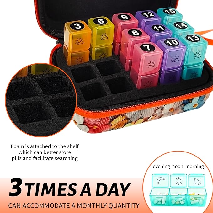 Pill Organizer, 15-Day Medicine Box with Hard Shell Case, 3 Times Daily Dosage Schedule, Plastic Rectangular Design, Includes Pill Cutter and Monthly Weekly Stickers,Flowers