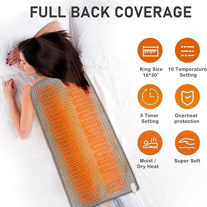 Heating Pad for Back Pain Relief,16x30 Large Heating Pad for Full Body, with Upgraded 10 Temperature Controller & 3 Timer Options,Moist/Dry Heat Therapy for Back, Neck, Shoulder, Leg Pain