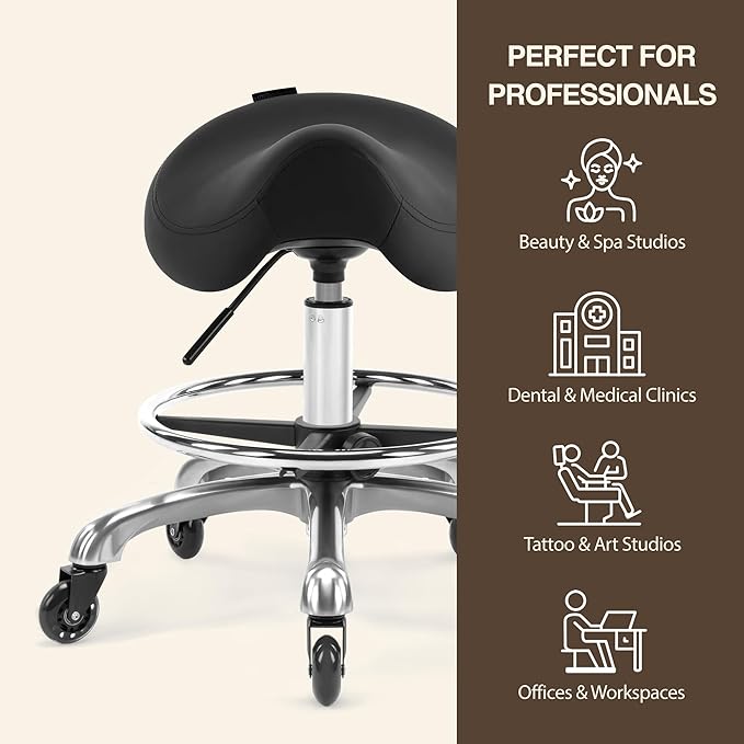 Ergonomic Saddle Stool, Adjustable Pneumatic Swivel Rolling Saddle Seat with Wheels for Hygienic, SPA, Salon, Home and Office, Haku 506 Series