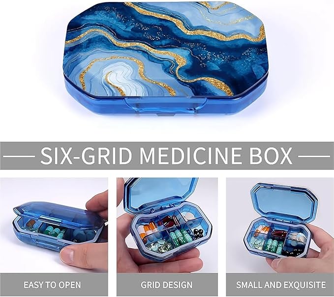 This Portable Watercolor Gold and Blue Marble Pattern 6-Compartment Pillbox Can Be Placed in A Pocket Or Wallet to Store Vitamins, Medicines Fish Oil Health Supplements Other Medications.
