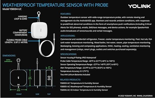 YoLink Weatherproof Fluid, Air, Surface Extreme High/Low Temperature Sensor with Probe, 1000 feet Long Range, App Alerts, Text/SMS, Email Alerts, YoLink Hub Included