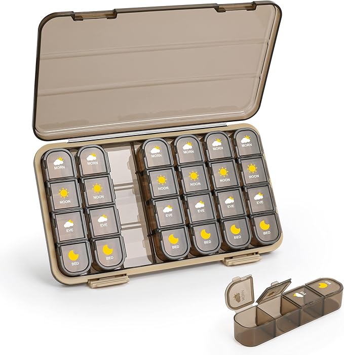 Pill Organizer 4X A Day, Pill Box 7 Day, Acedada Weekly (4 Times A Day) Travel Medicine Organizer Box, Large Pill Container Case Vitamins Holder Pill Dispenser, Brown