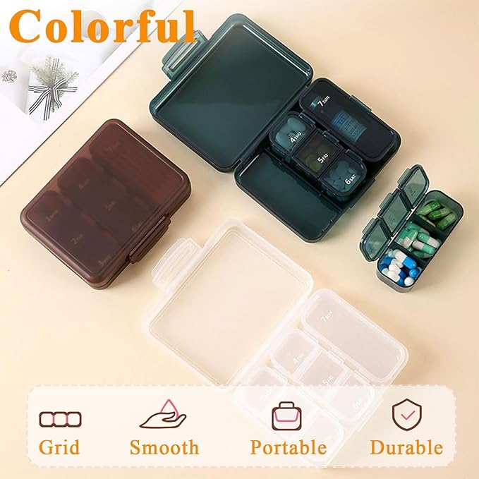 Weekly Pill Box Organiser for Pocket, Daily Medication Storage Case with 7 Compartments, BPA-Free Double Seal Waterproof, Storage for Vitamins, Fish Oil, Dietary Supplements (Brown)