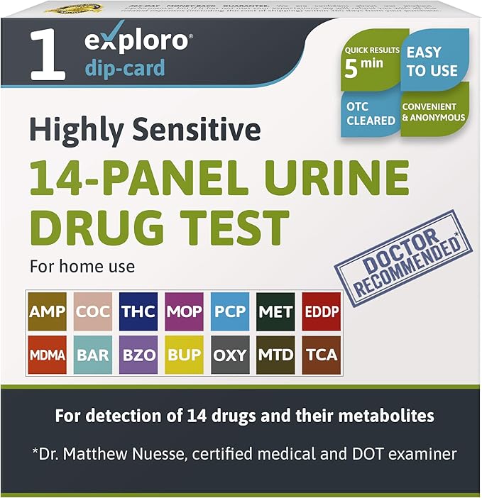 Exploro 14 Panel Urine Drug Test Kit, Instant at Home Drug Test for 7 Illicit & 7 Prescription Drugs THC,OPI,AMP, BAR, BUP, BZO, COC, mAMP, MDMA, MTD, OXY, PCP, EDDP, TCA, Drug Test Kit (Pack of 1)